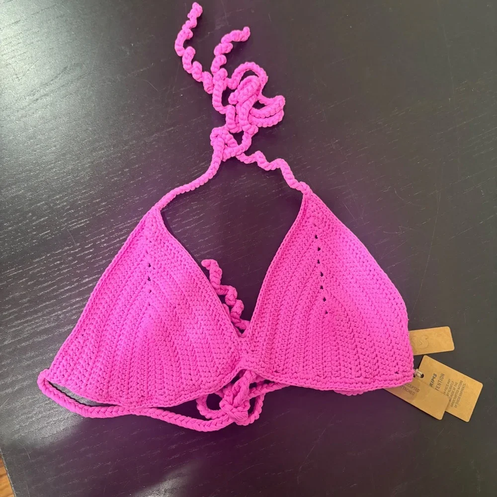 SKIMS Crochet Swim Triangle Bikini Top‎ Taffy Pink Large